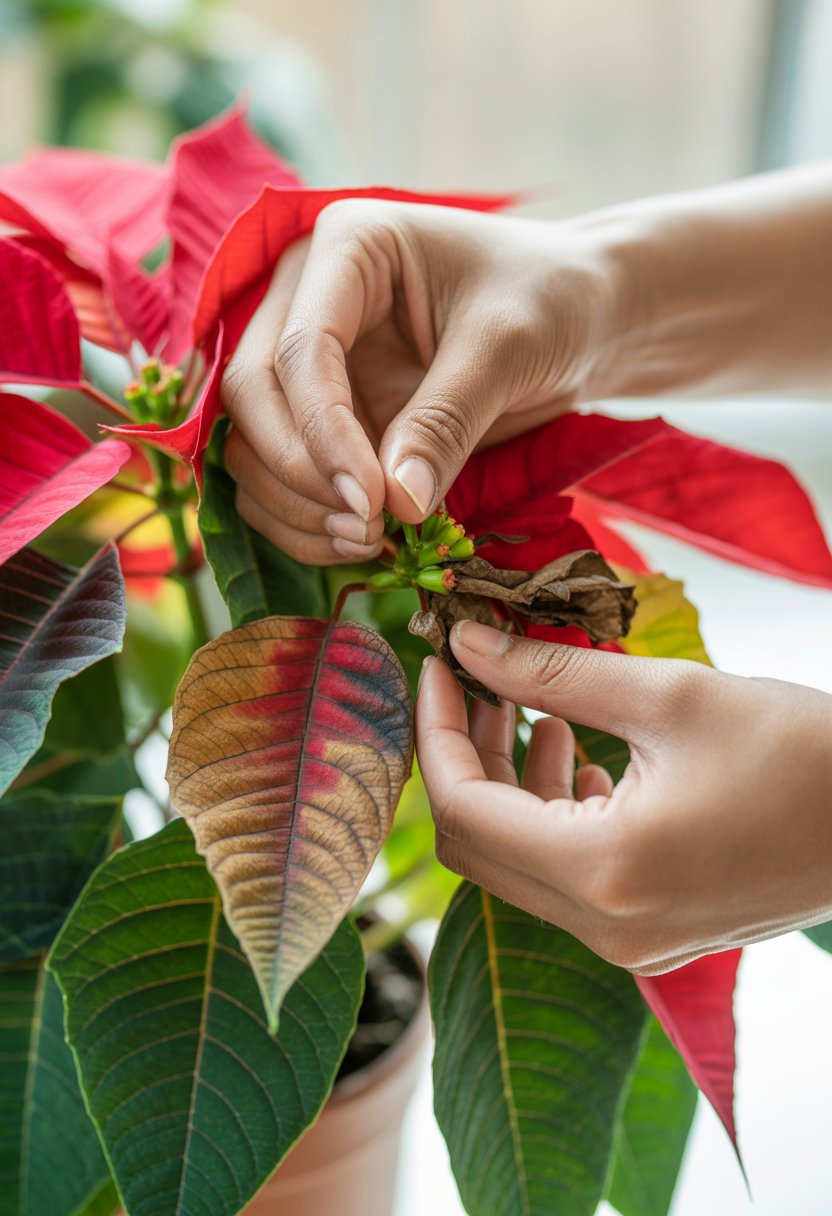 Hands carefully pruning a dying poinsettia plant with wilted leaves and vibrant red bracts.