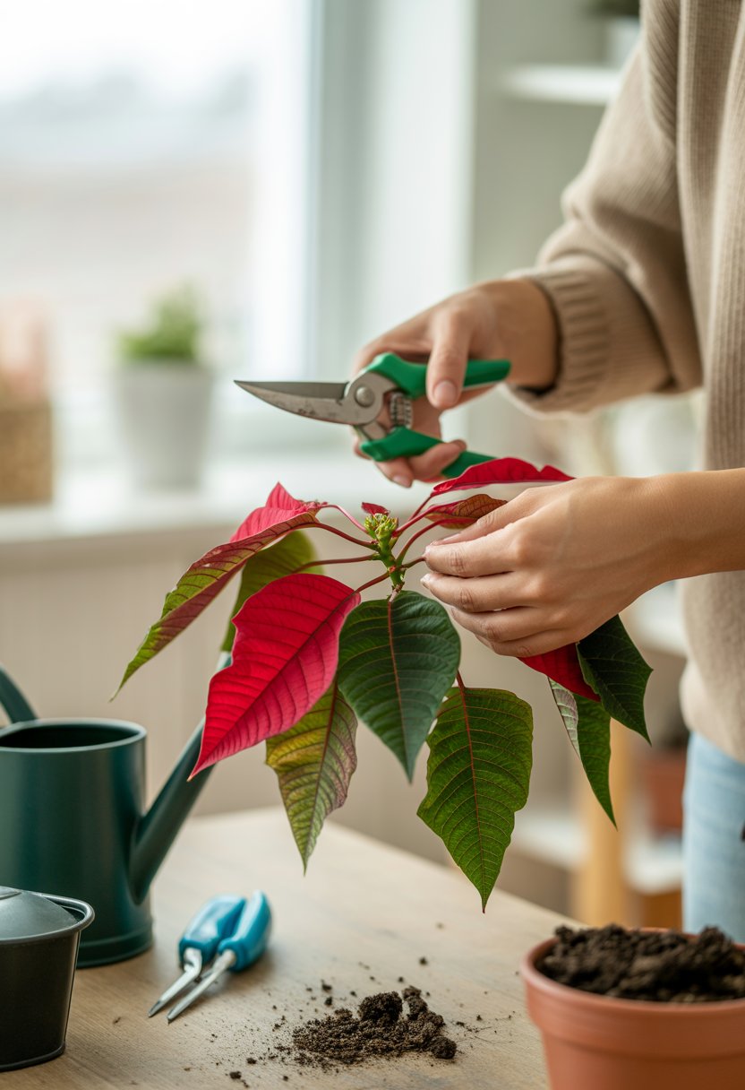 A person tending to a wilting poinsettia plant indoors, holding pruning shears and supporting the plant with one hand.