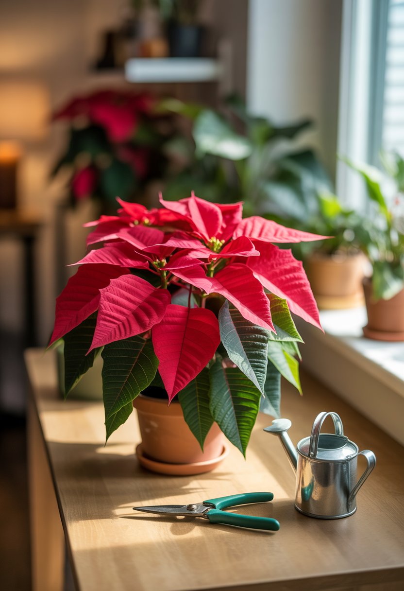 A healthy poinsettia plant with red leaves on a wooden table near a sunny window, surrounded by gardening tools.