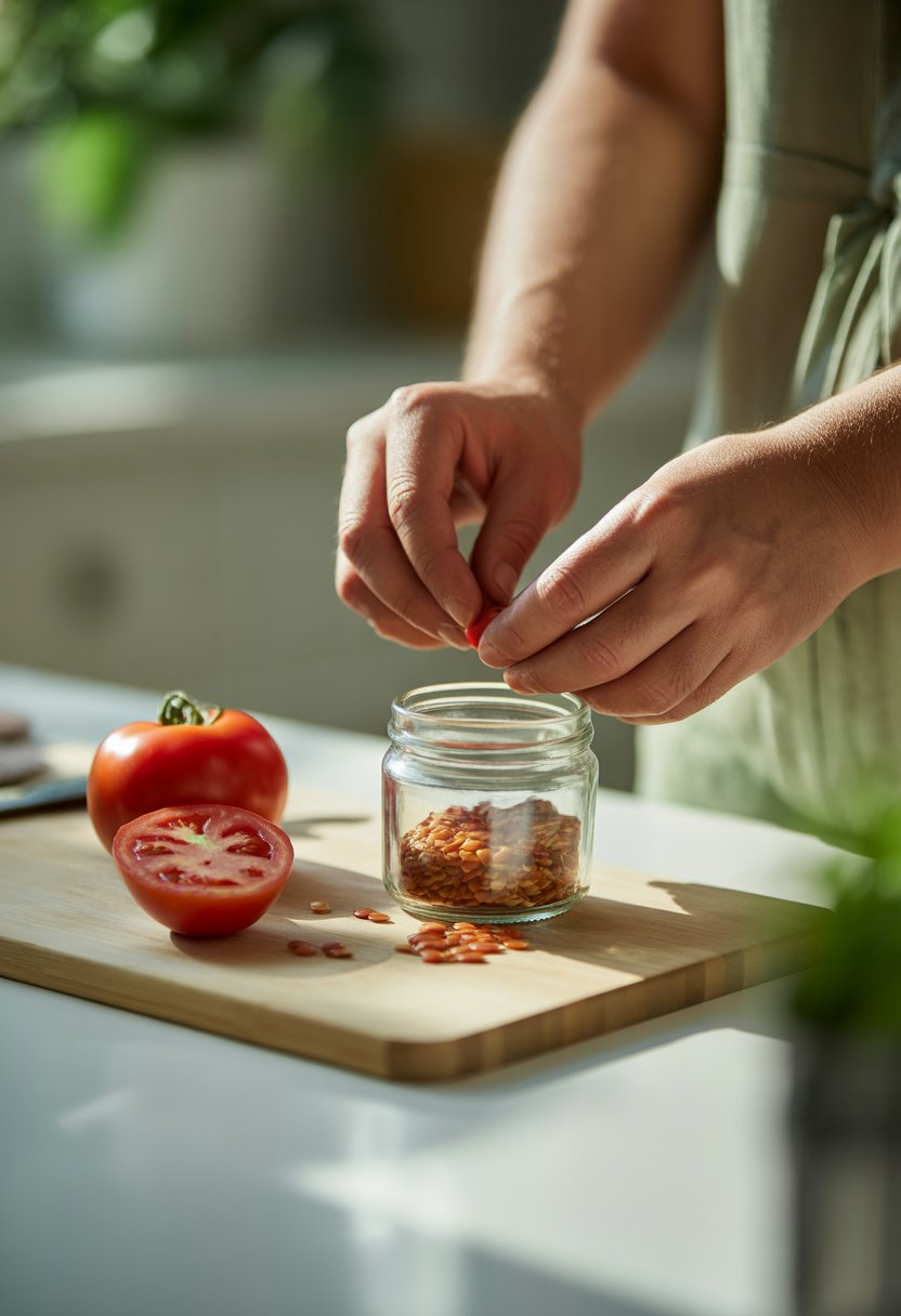 Hands storing tomato seeds into a small glass jar next to a sliced tomato on a wooden board.