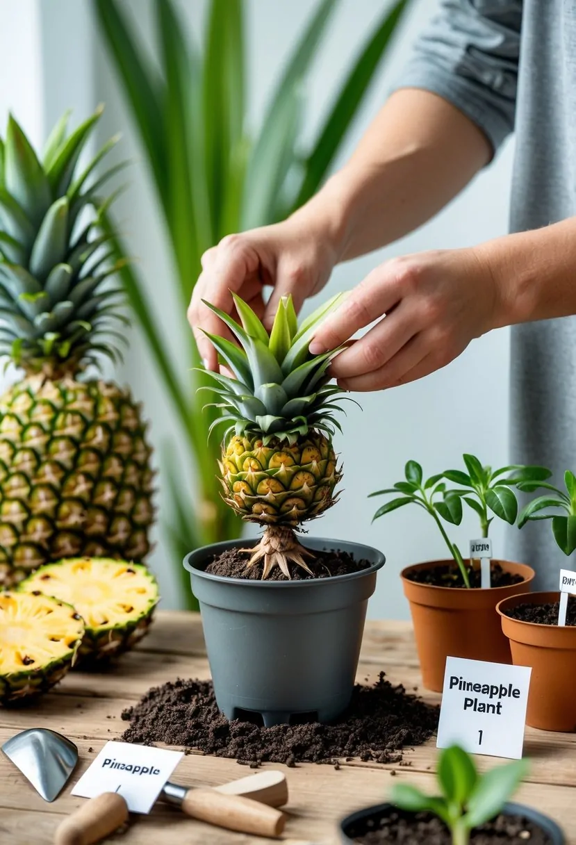 Hands planting a pineapple crown in a pot with soil, surrounded by pineapple plants, seedlings, and gardening tools on a wooden table.