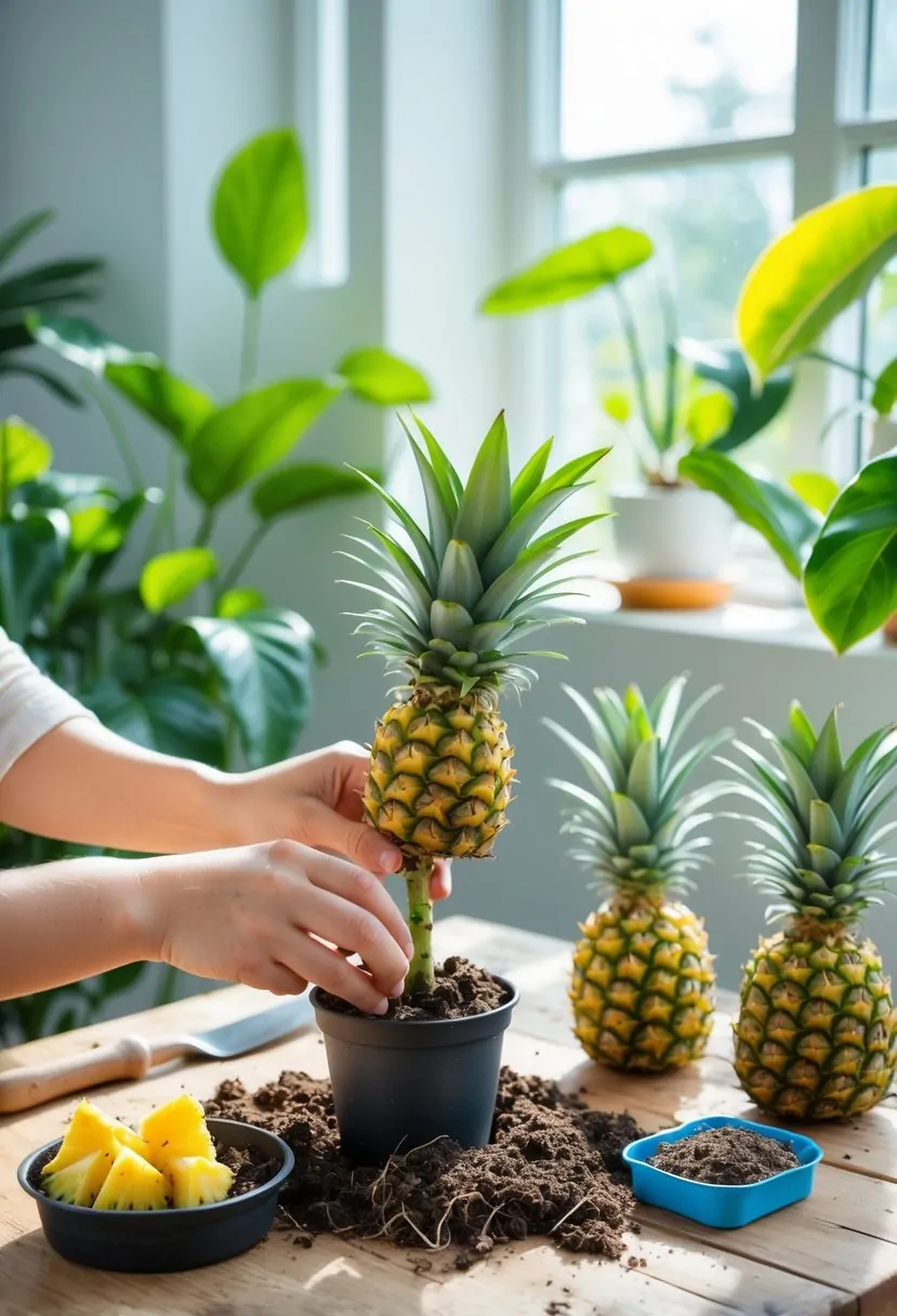 Hands planting a pineapple crown in a pot indoors with various stages of pineapple growth and gardening tools on a table nearby.