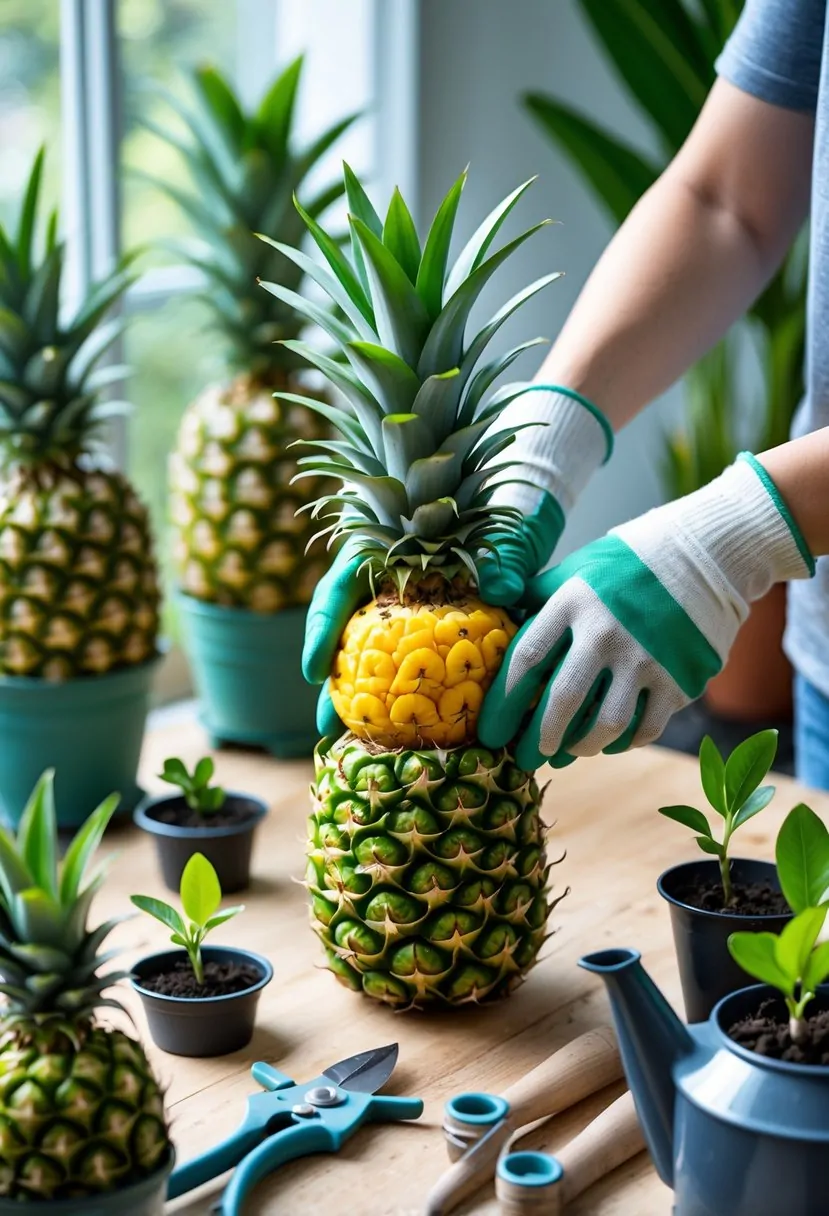 Person harvesting and preparing pineapple plants for propagation indoors with gardening tools and potted pineapple plants around.