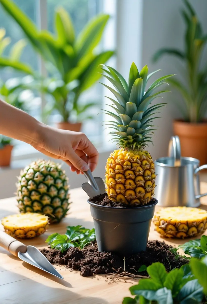 Hands planting a pineapple crown into a pot with soil, surrounded by pineapple plants, fruit, and gardening tools on a table indoors.
